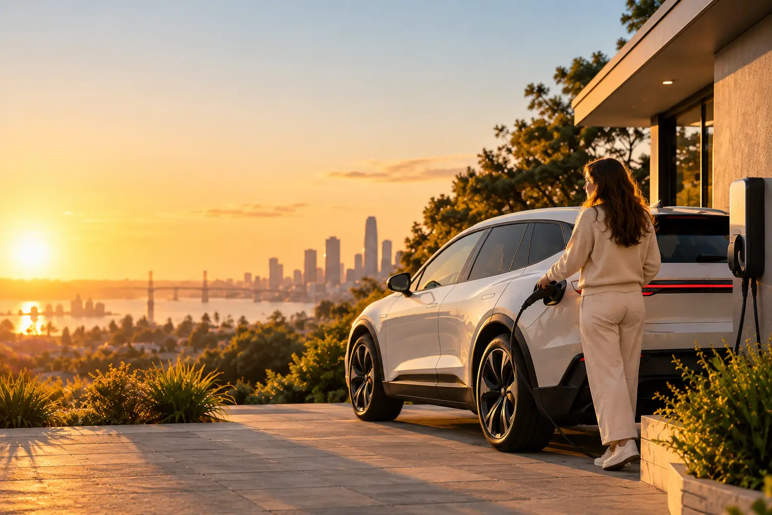 A woman plugs in her white electric SUV at home at sunset
